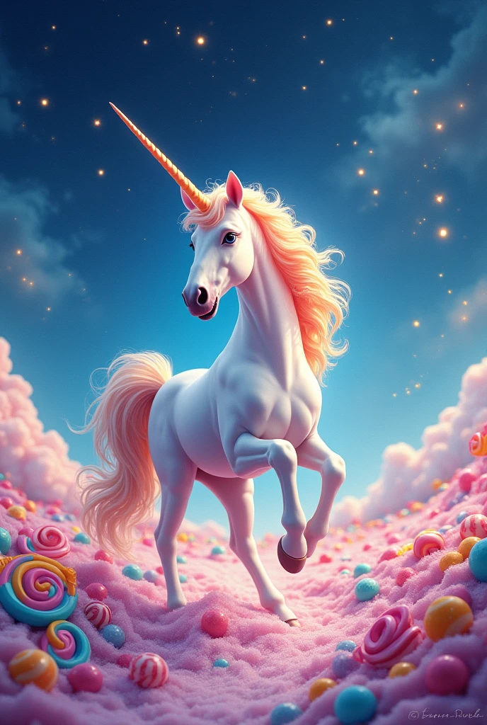 einhorn, rainbow, shooting stars, stars, Süßigkeitenland, Lollies, various candies, Candy floor