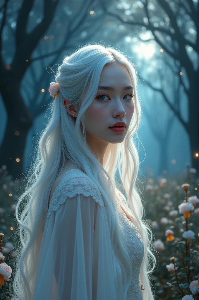 A young woman with skin pale as Chinese porcelain, with long, wavy silver hair, eyes white as pearls, medium, full lips tinged red. 