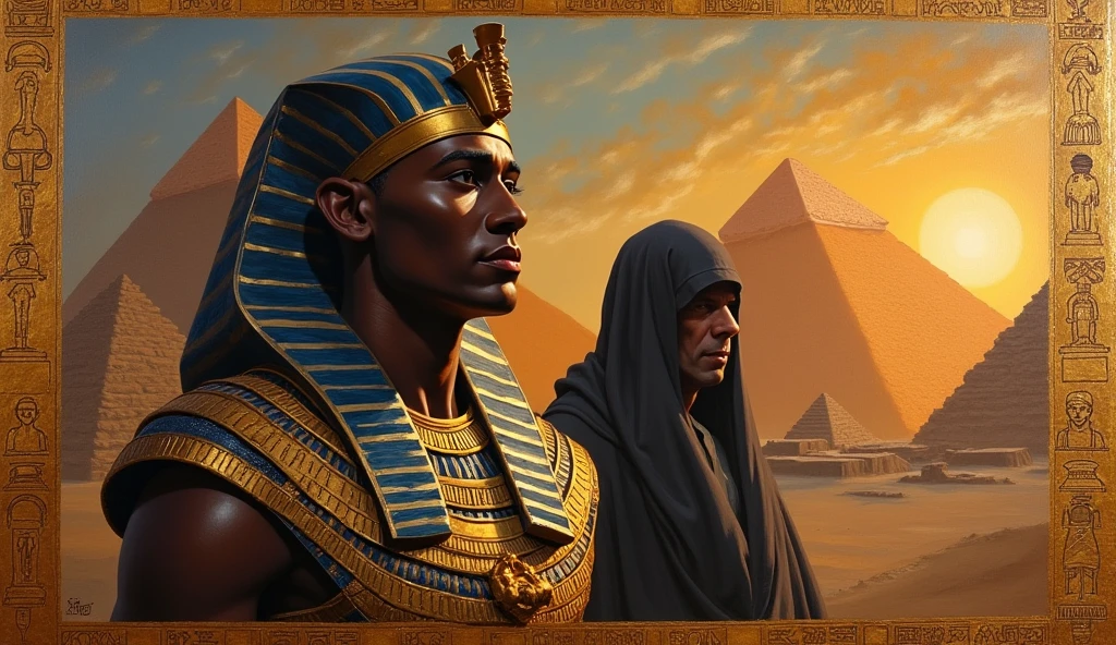 oil painting, An ancient Egyptian pharaoh facing front and an Egyptian priest behind him, wearing a dark robe with ornaments and an Egyptian scepter covering his head and a serious expression, situated in the center of the image.