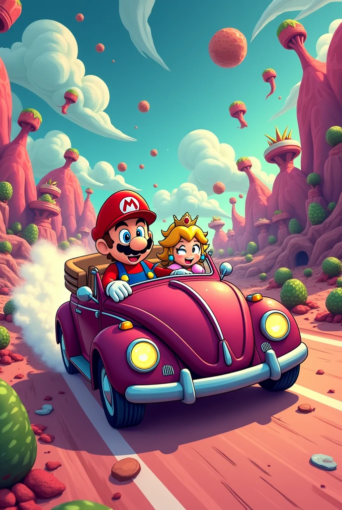 A dark wine colored Beetle, Mario Bros and Princess Peach are sitting at the wheel. Cartoon style image of Rick and Morty