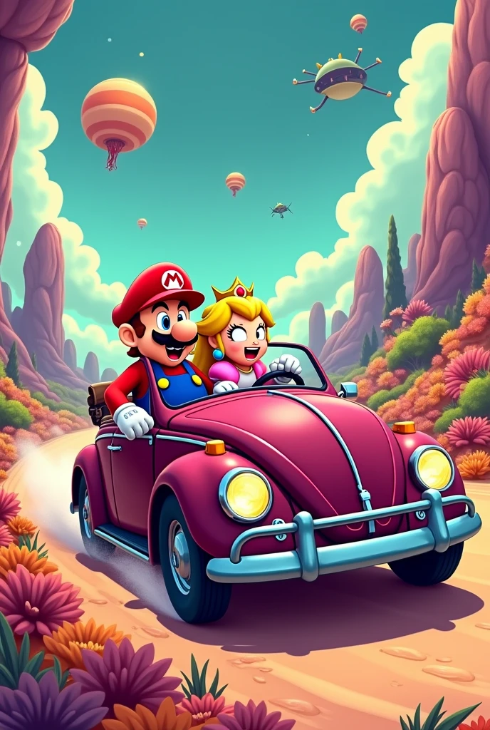 A dark wine colored Beetle, Mario Bros and Princess Peach are sitting at the wheel. Cartoon style image of Rick and Morty