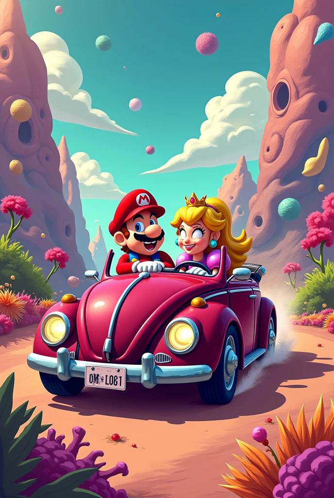 A dark wine colored Beetle, Mario Bros and Princess Peach are sitting at the wheel. Cartoon style image of Rick and Morty