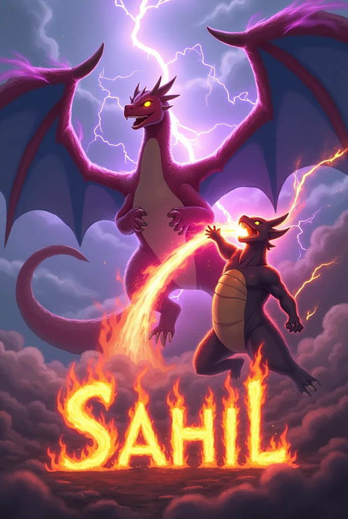 Pokemon image in which g max Charizard and ceruledge battle with each other use purple colour flame at Charizard side and red and orange colour thunder wave at other side. And also add name Sahil with best font & colour 