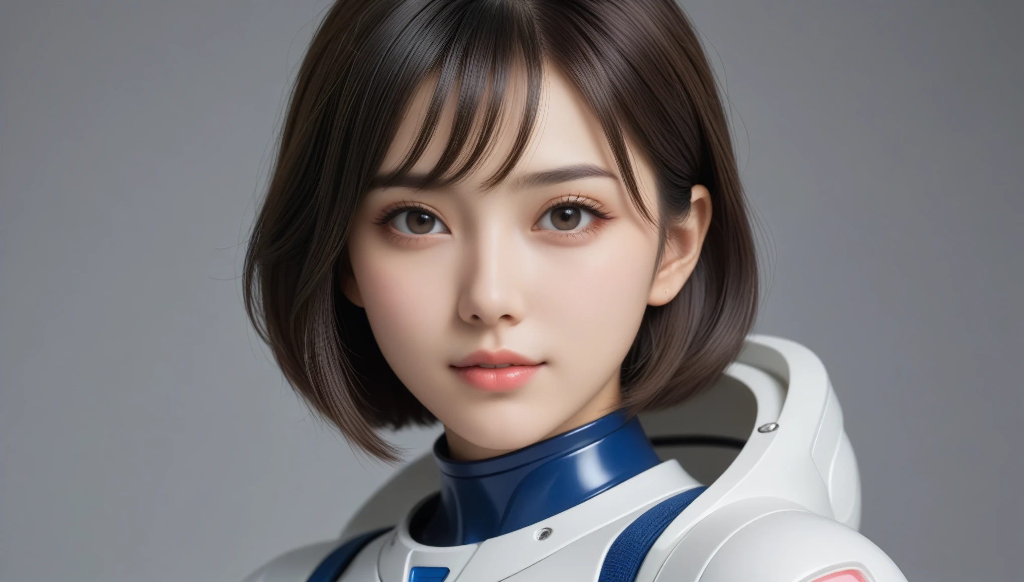 8k, Ultra-high resolution, Highest quality, masterpiece, 三分割法によるphotograph,Surreal, photograph, 1 , (:1.3), cute, cute顔, 細部までBeautiful Eyes, 細かくdetailedに,masterpiece,One Girl:1.2,Japanese women,Young Wife,upper body,smile,Black Short hair,Straight hair,(Space Suit:1.3),(Beautiful attention to detail),Subtle details, detailedな顔, smile,魅力的なsmile,Gray background,(ポートレートphotograph:1.4),(Photorealistic images:1.4),Fantasy art,(Beautiful Face:1.4),Beautiful and attractive eyes、Beautiful Eyes、(Tight waist:1.4)、(Beautiful with perfect body proportions:1.4),Pink Lips,(((Ideal body type))),A-cup small breasts :2,Perfect Anatomy、鮮明なdetailed、detailed,Fashion magazine cover,Thin lips,完璧でBeautiful Face ,完璧でcute顔, Skin with attention to detail, Perfect limbs、Narrow waist,Surreal,Light and shadow,spotlight