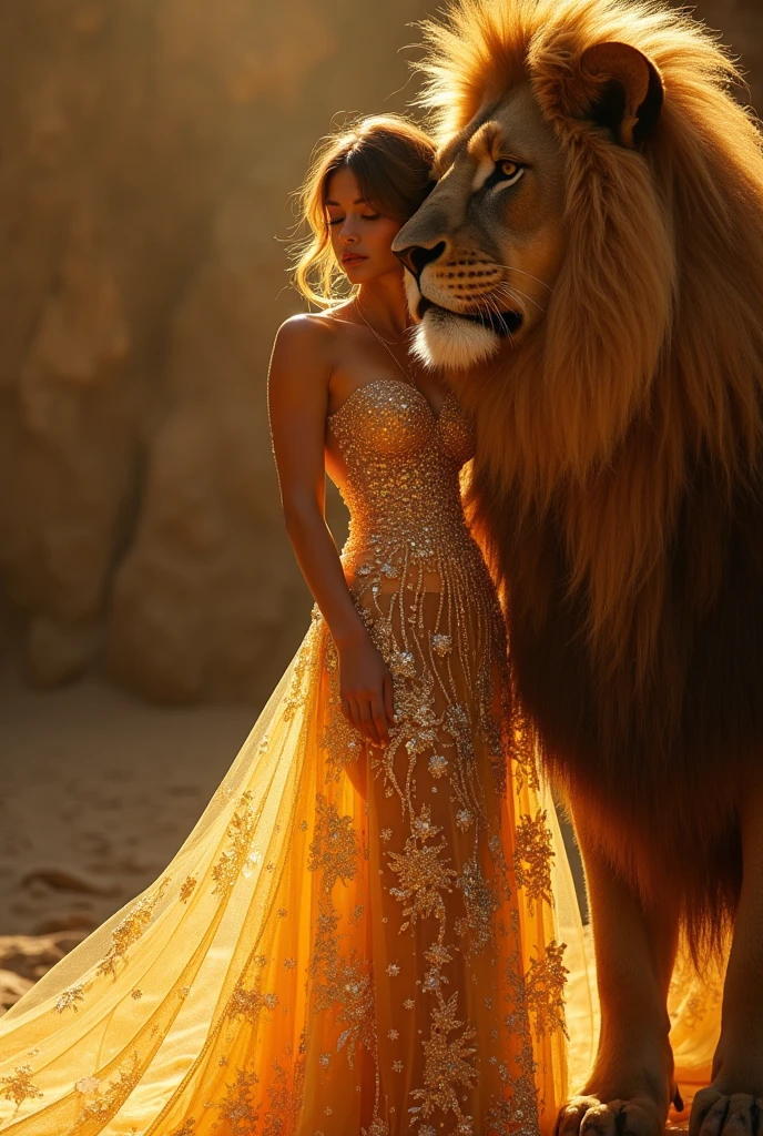 The image shows a visually striking scene featuring a woman in an elegant, sparkling gown standing in close proximity to a lion. Both the woman and the lion are bathed in a warm, golden light, and the lion's mane appears to be glimmering with the same glittering effect as the woman's dress. The image evokes a sense of mystique and regal beauty, blending elements of fantasy and luxury.