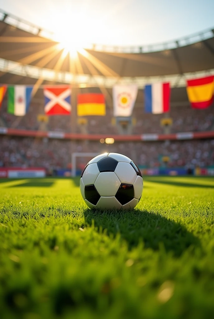 football field with a ball in the middle and several flags from other countries