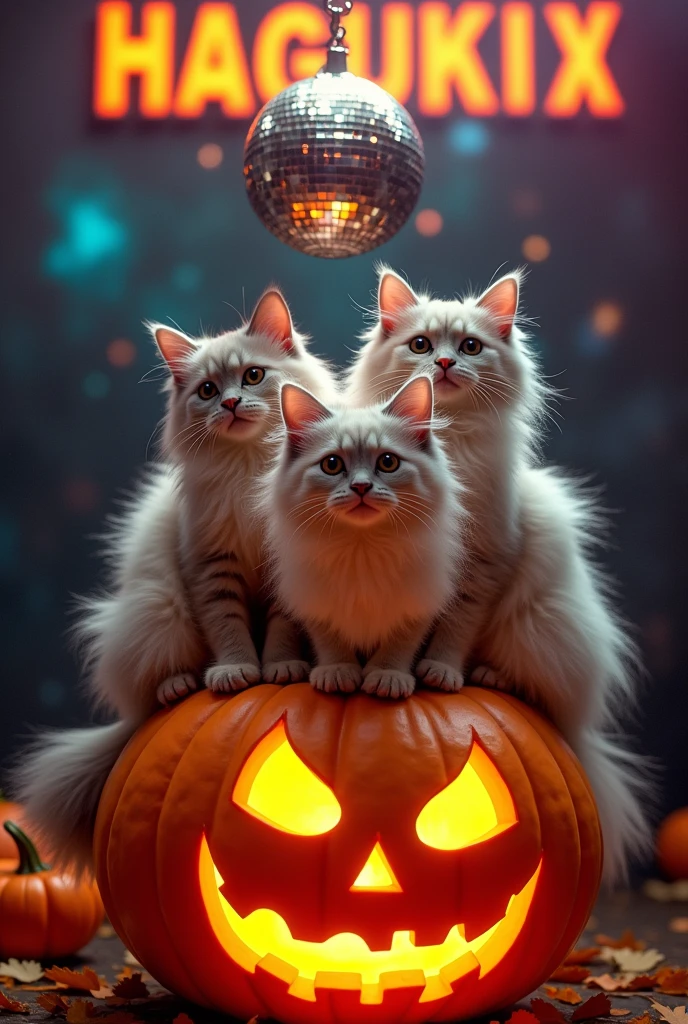 Long-haired cats、sitting on top of a jack-o'-lantern、There's a mirror ball above.、The background is the word HAGUKIX