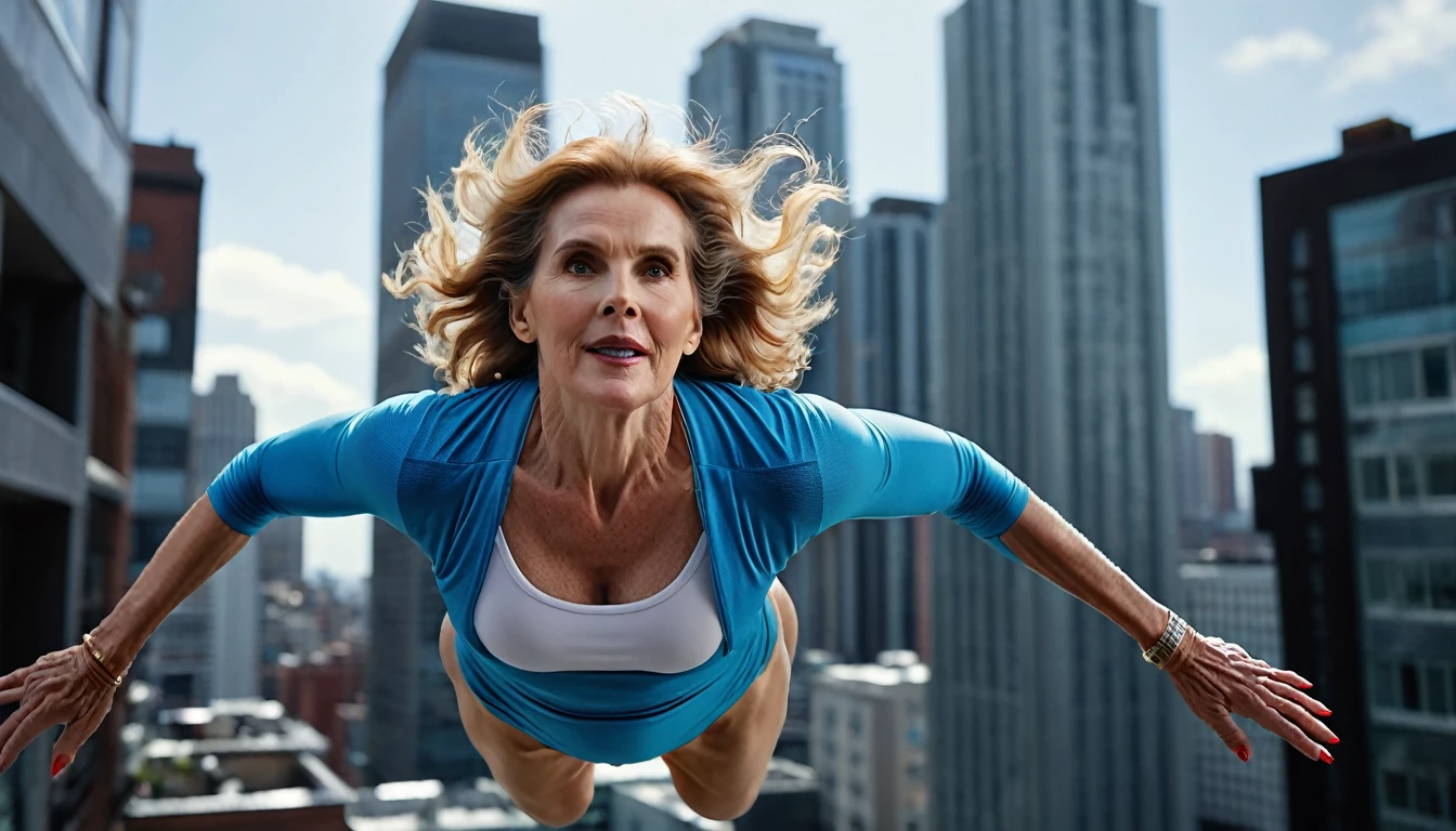  wide view of the city sky; (((Julie Hagerty))) Superstrong Superold woman Julie Hagerty, flying at between buildings(((floating in the air))); big and firm chest; strong breasts; arms crossed; perfect feet; perfect hands. HD. Photograph, ((realism)), extremely high quality RAW photograph, ultra detailed photograph, sharp focus, high resolution, (detailed skin:1,3),high quality, film grain, Fujifilm XT3,Highly Detailed, movie, (Cinematic Photo:1.3) of (Realistic:1.3)