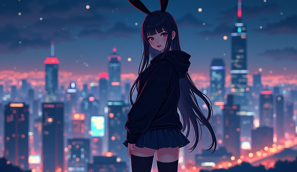 1 girl、masterpiece, highest quality, very detailed、black hair、long hair without bangs、Shiny flowing hair、black eyes、Tree eyes、black colored hoodie with bunny ears, black skirt、black thigh high tall boots with heel、diagonal angle、midnight、Background of the city