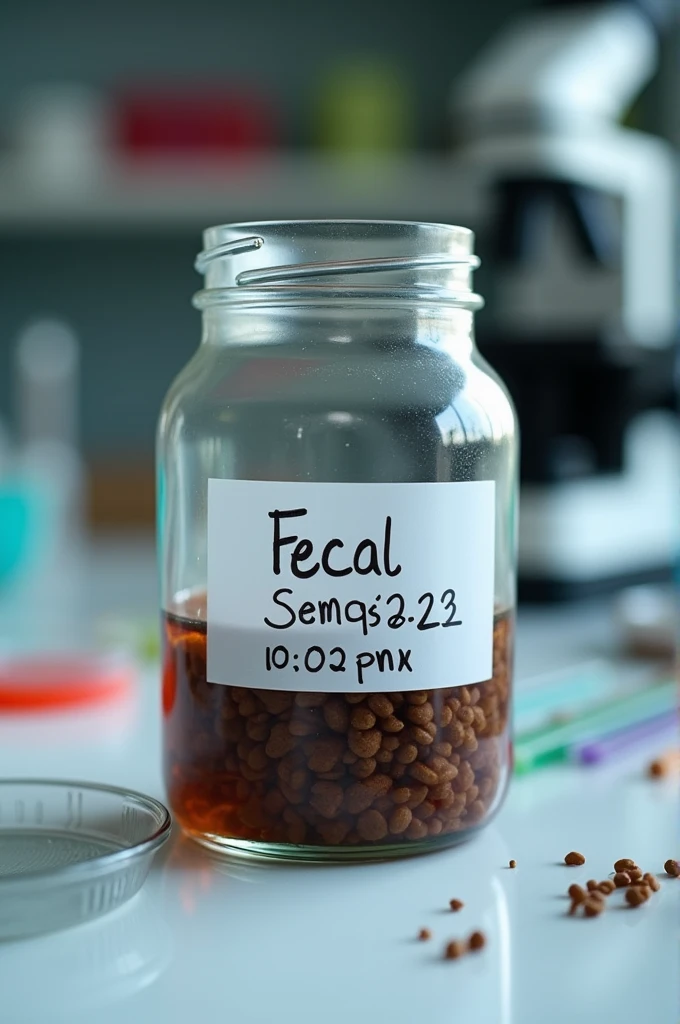 Create an illustration of a jar containing a fecal sample. 