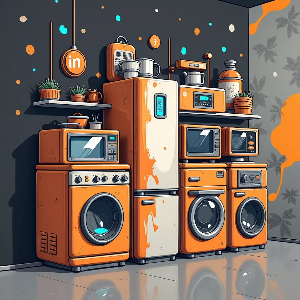 appliances, regale, display case, orange lines, black and gray background, industrial, banner horizontal, cartoonized, paint flecks, blue symbol in "in" image elements 