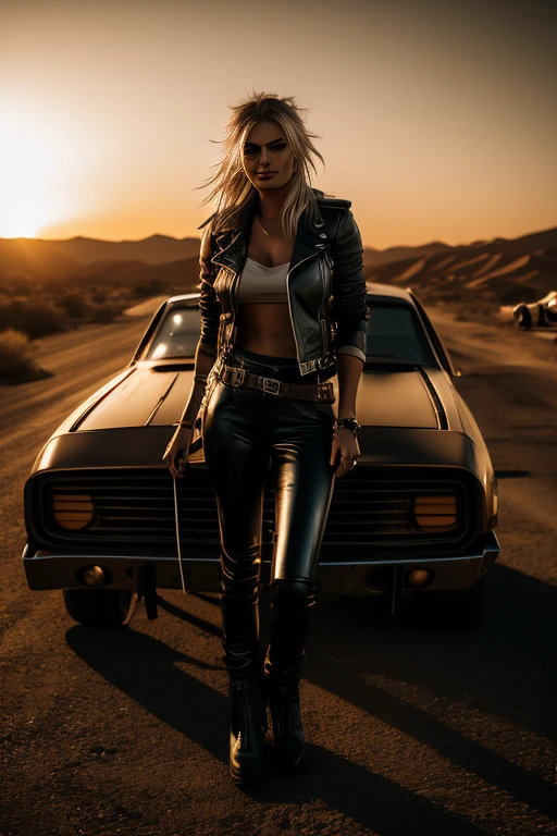blond haired woman in leather pants leaning on a car in the desert, mad max inspired, mad max style, in mad max style, octane cgsociety, mad max fury road style, octane trending on cgsociety, apocalyptic road warrior vibe, octane. trending on artstation, cyberpunk 2 0 y. o model girl, diesel punk female, cgsociety inspired, mechanic punk outfit