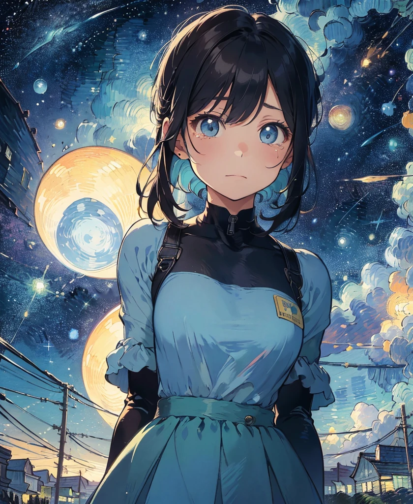 A girl who is forever sad and empty, ((((Masseter muscle area, Highest quality, Ultra-realistic)))), The empty space next to the planet, ((Tears welled up in my eyes)), Avert your eyes from the audience, Sad expression, ((Doll-like features, Long neck)), ((Huge, Hollow Eyes)), ((simple, Tattered space suit)), ((surrounded by stars and nebulas)), ((A color palette reminiscent of Van Gogh's Starry Night)), Feels infinitely vast, ((cold, The emptiness radiating from the image)), ((In the grand scheme of the universe、Make you very small、Make them feel insignificant))