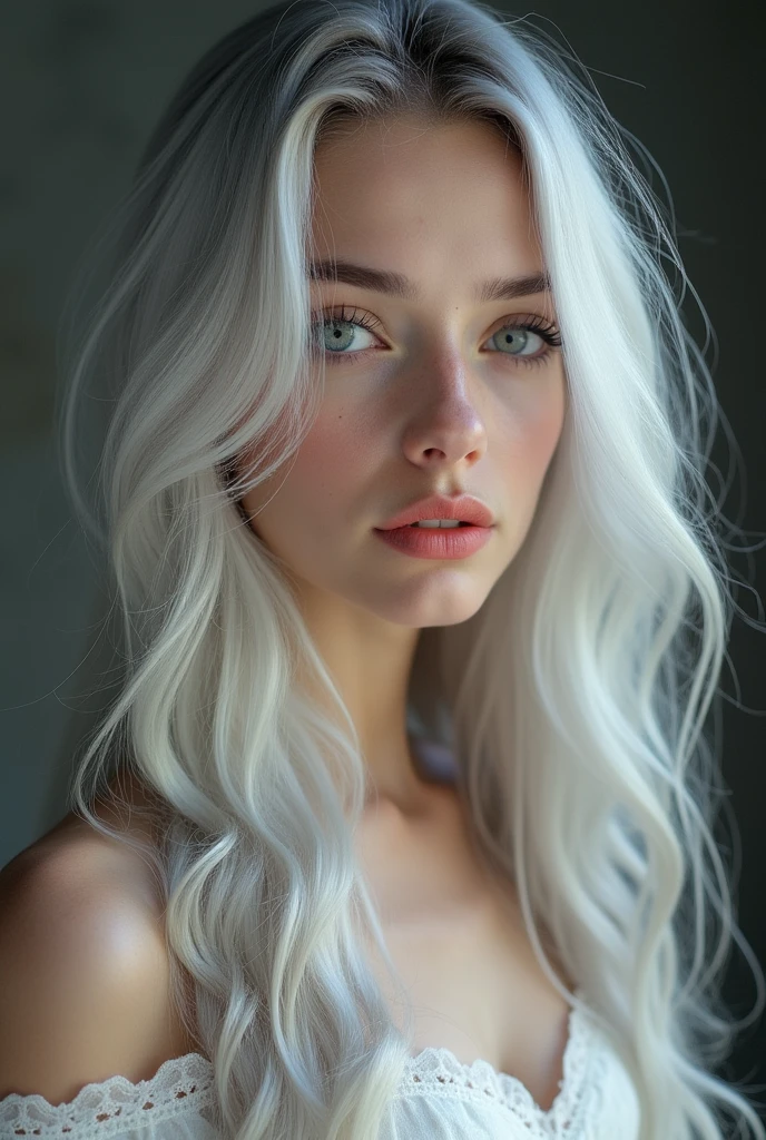 An Italian girl with skin as pale as Chinese porcelain, with long, wavy silver hair, eyes white as pearls, medium, full lips tinged red.