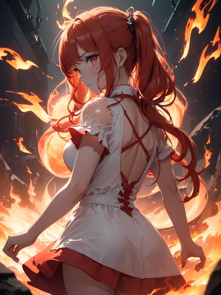 (((best quality, sharp image, clear image, cinematic lighting, 8k resolution, masterpiece, ultra detailed, intricate))) Girl, (((looking over right shoulder))), (shot from behind), ((half shot)), fiery red hair, pigtails, (white dress), ((flaming sigils, flaming runes)), spiky rock formations, flaming lotus flowers, busy background, (swirling flames).