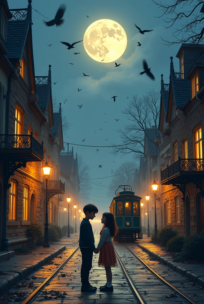 An autumn evening transitioning into night with a full moon in the sky. The scene features artistic buildings along a city street and train on track. A teenage boy and girl are standing far apart on the street looking each other. Birds are flying in the sky, and leaves are falling from the trees.