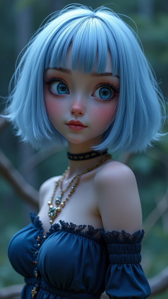 (Highest quality, 8k, 32K, masterpiece, Ultra-high resolution:1.2),Cute 18-year-old American woman image, Large Breasts, Very short bob hair,Full Body Shot,(skirt,1.1) necklace, background, View your viewers,Model pose, (((Silver streaks in blue hair))), (((Bright light blue eyes))) (((Award-winning details)) ((The atmosphere of the Disney movie Descendants)))