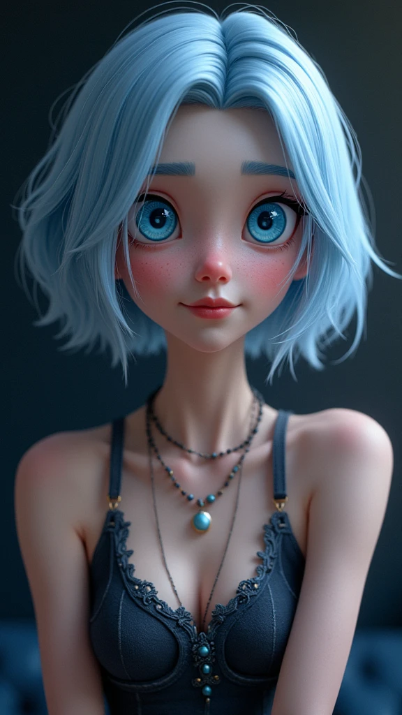 (Highest quality, 8k, 32K, masterpiece, Ultra-high resolution:1.2),Cute 18-year-old American woman image, Large Breasts, Very short bob hair,Full Body Shot,(skirt,1.1) necklace, background, View your viewers,Model pose, (((Silver streaks in blue hair))), (((Bright light blue eyes))) (((Award-winning details)) ((The atmosphere of the Disney movie Descendants)))