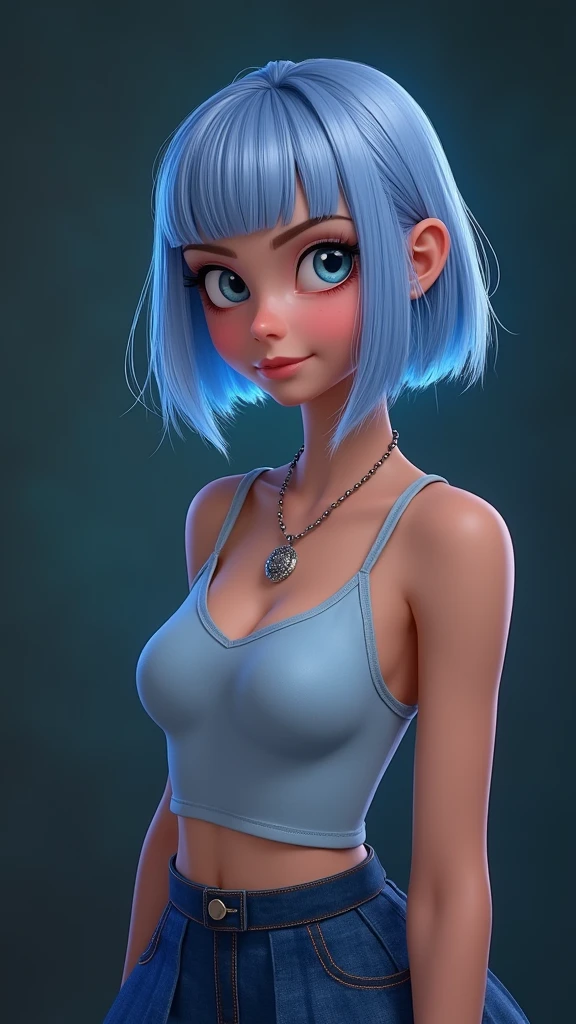 (Highest quality, 8k, 32K, masterpiece, Ultra-high resolution:1.2),Cute 18-year-old American woman image, Large Breasts, Very short bob hair,Full Body Shot,(skirt,1.1) necklace, background, View your viewers,Model pose, (((Silver streaks in blue hair))), (((Bright light blue eyes))) (((Award-winning details)) ((The atmosphere of the Disney movie Descendants)))