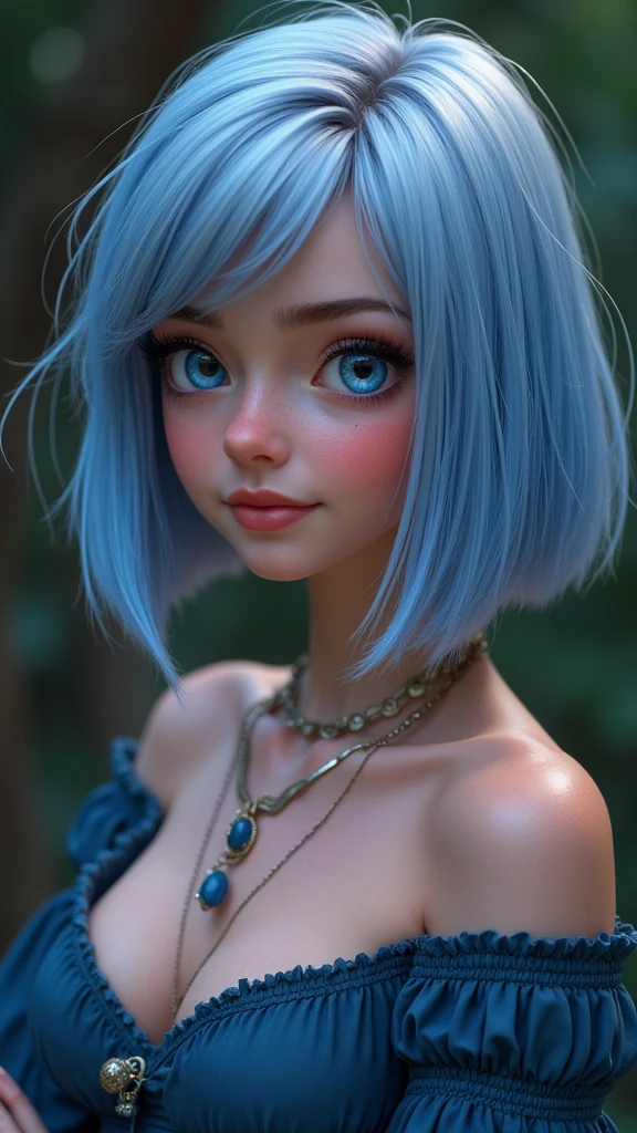 (Highest quality, 8k, 32K, masterpiece, Ultra-high resolution:1.2),Cute 18-year-old American woman image, Large Breasts, Very short bob hair,Full Body Shot,(skirt,1.1) necklace, background, View your viewers,Model pose, (((Silver streaks in blue hair))), (((Bright light blue eyes))) (((Award-winning details)) ((The atmosphere of the Disney movie Descendants)))