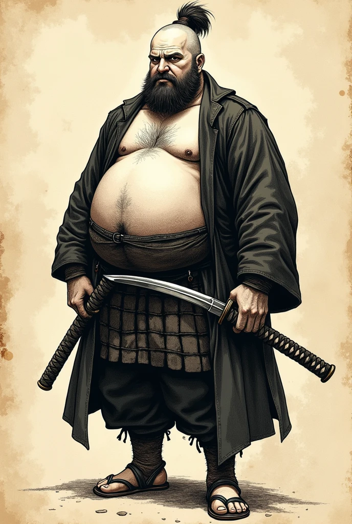 old book style ink illustration, on parchment, ink splashes, ink stains, ink smears, faded ink, samurai chubby Dzungarian human, katana, coat, pantless, linquivera, on parchment