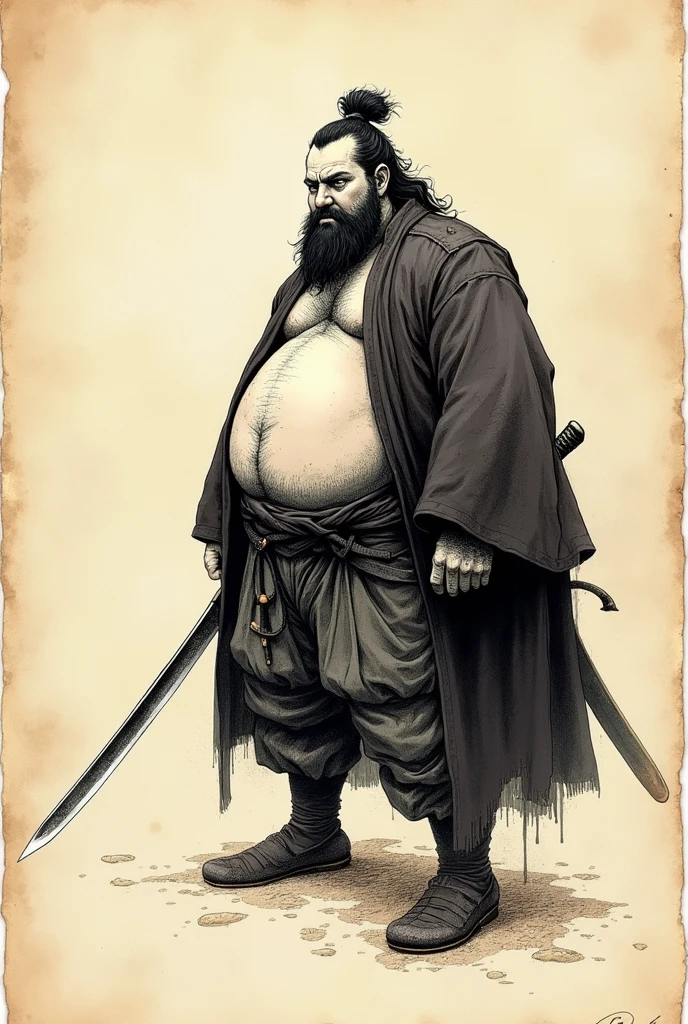 old book style ink illustration, on parchment, ink splashes, ink stains, ink smears, faded ink, samurai chubby Dzungarian human, katana, coat, pantless, linquivera, on parchment