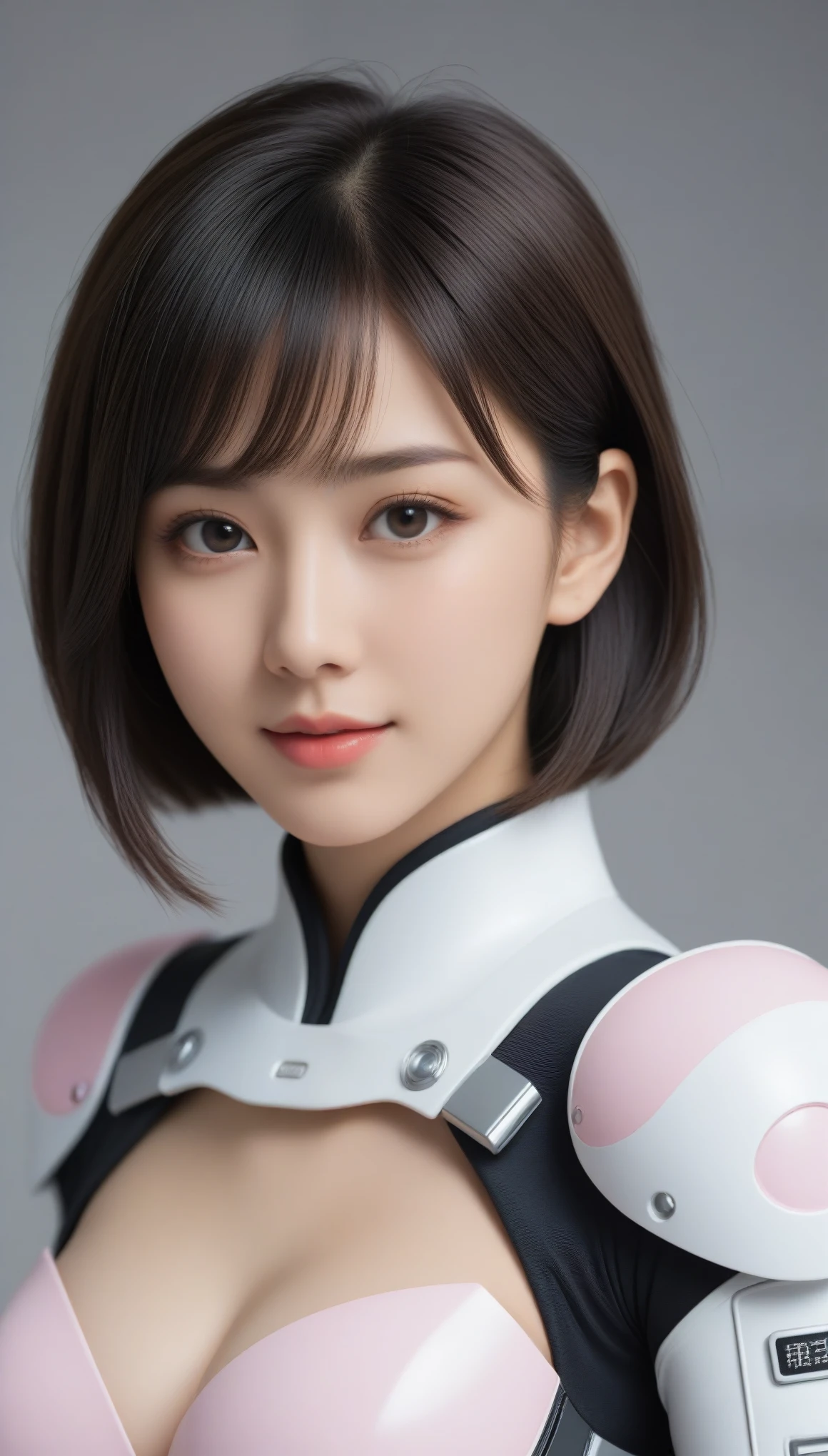 8k, Ultra-high resolution, Highest quality, masterpiece, 三分割法によるphotograph,Surreal, photograph, 1 , (:1.3), cute, cute顔, 細部までBeautiful Eyes, 細かくdetailedに,masterpiece,One Girl:1.2,Japanese women,Young Wife,upper body,smile,Black Short hair,Straight hair,(Space Suit:1.3),(Beautiful attention to detail),Subtle details, detailedな顔, smile,魅力的なsmile,Gray background,(ポートレートphotograph:1.4),(Photorealistic images:1.4),Fantasy art,(Beautiful Face:1.4),Beautiful and attractive eyes、Beautiful Eyes、(Tight waist:1.4)、(Beautiful with perfect body proportions:1.4),Pink Lips,(((Ideal body type))),A-cup small breasts :2,Perfect Anatomy、鮮明なdetailed、detailed,Fashion magazine cover,Thin lips,完璧でBeautiful Face ,完璧でcute顔, Skin with attention to detail, Perfect limbs、Narrow waist,Surreal,Light and shadow,spotlight