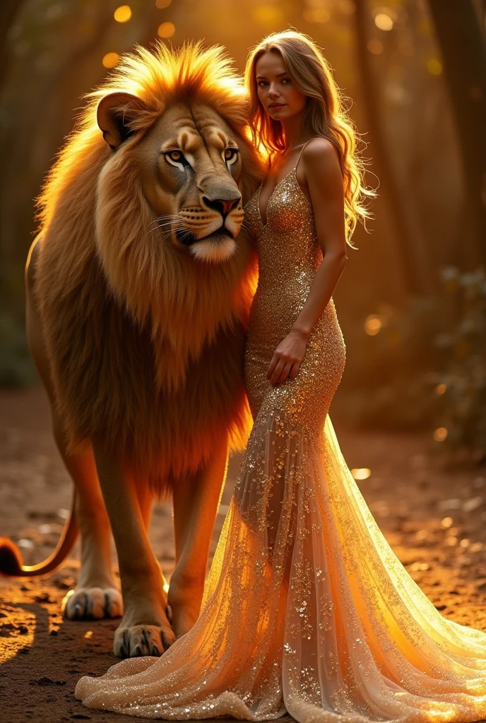 The image shows a visually striking scene featuring a woman in an elegant, sparkling gown standing in close proximity to a lion. Both the woman and the lion are bathed in a warm, golden light, and the lion's mane appears to be glimmering with the same glittering effect as the woman's dress. The image evokes a sense of mystique and regal beauty, blending elements of fantasy and luxury.