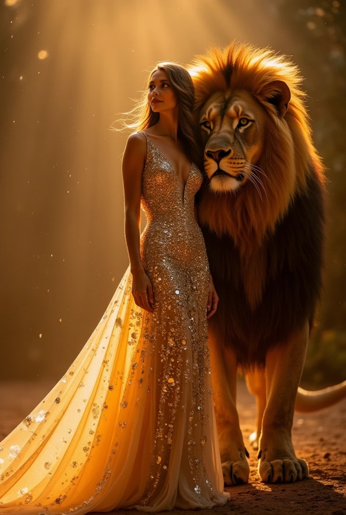 The image shows a visually striking scene featuring a woman in an elegant, sparkling gown standing in close proximity to a lion. Both the woman and the lion are bathed in a warm, golden light, and the lion's mane appears to be glimmering with the same glittering effect as the woman's dress. The image evokes a sense of mystique and regal beauty, blending elements of fantasy and luxury.