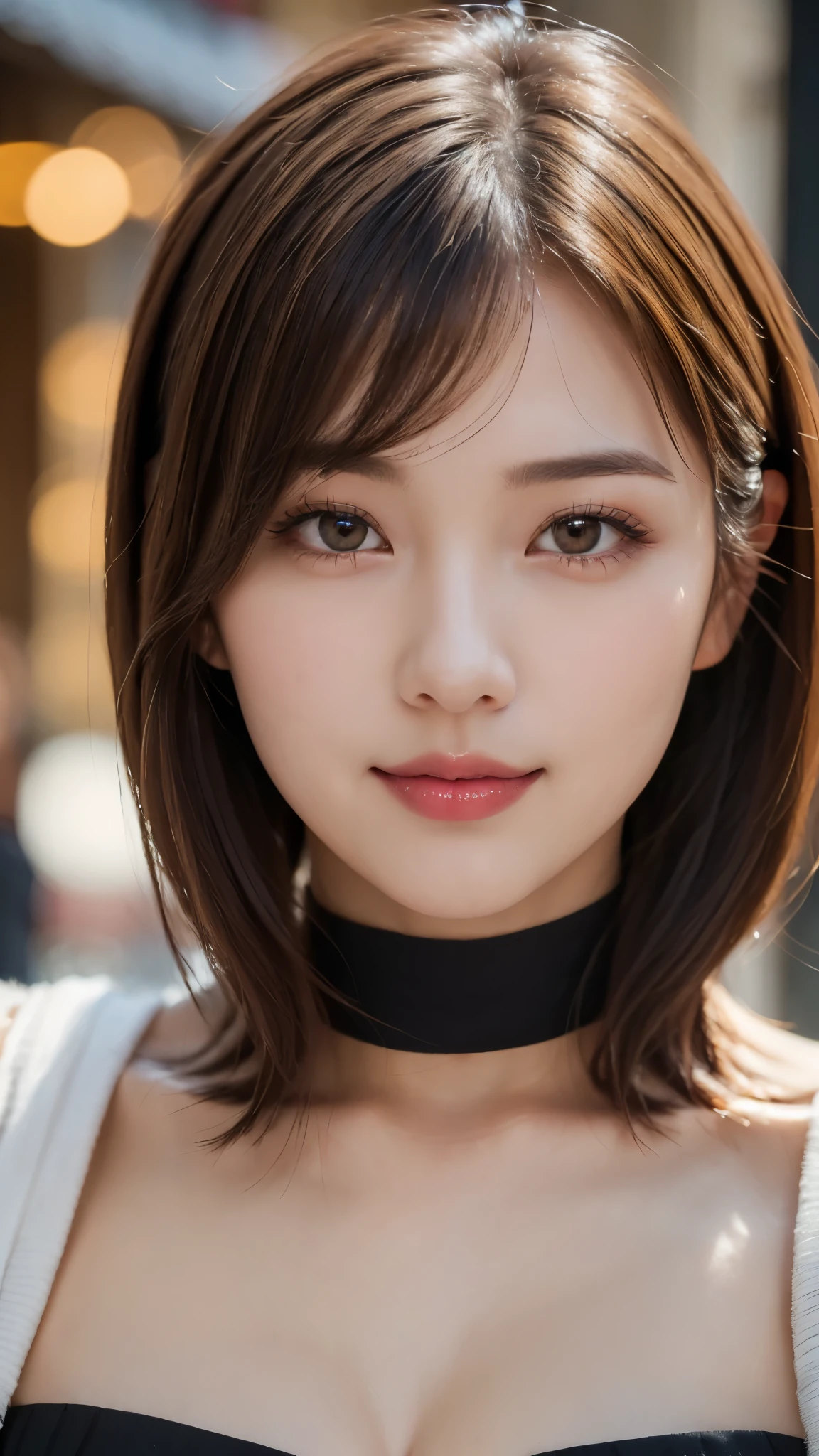 (masterpiece:1.3), (16k, photorealistic, RAW photo, best quality: 1.4),(photo of a beautiful Japanese girl), absurdres, attractive, ultra high resolution, ultra realistic, highly detailed, golden ratio, ultra detailed, super fucking beautiful detailed face, natural makeup, detailed cloth texture, detailed hair texture, beautiful detailed fullbody, Perfect female body, accurate, Anatomically correct, Highly detailed face and skin texture, (beautiful hands), (realistic skin), (beautiful pale skin:1.1), (Perfect dynamic composition, looking at viewer, full body shot:1.2), 
BREAK, 
realistic eyes, beautiful detailed eyes, symmetric eyes, Light Brown eyes, Double eyelids, Thin eyebrows, (Glossy lips:1.4), ((A face with waiting for a kiss, Seductive smile:1.2)), (weat skin, blush:1.1), 
BREAK, 
((short hair, bob, Dark blonde hair, bangs:1.2)), (Daytime, Standing on the town:1.3), (Peplum top, Tulip skirt, Choker, Derby hat)