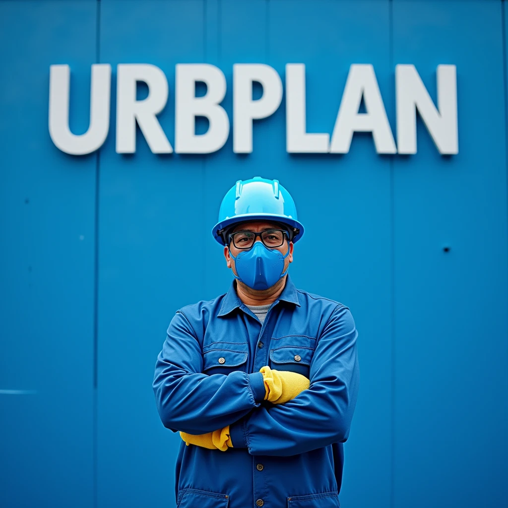 Visualize a realistic scene in 8K, where a painter is highlighting his Personal Protective Equipment (epis) blue in color. It is positioned facing the camera, exibindo os epis, which include helmet, mitts, mask and uniform, all in shades of blue. Behind him, the wall of a house is painted in a dark blue, with the word 'URBPLAN' written in white, standing out clearly against the background. The image is dominated by shades of blue, creating a harmonious visual composition focused on workplace safety. A alta resolução captura os detalhes dos epis, of the wall texture and the confident expression of the painter, giving a realistic and professional touch to the scene.