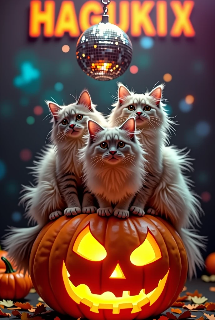 Long-haired cats、sitting on top of a jack-o'-lantern、There's a mirror ball above.、The background is the word HAGUKIX