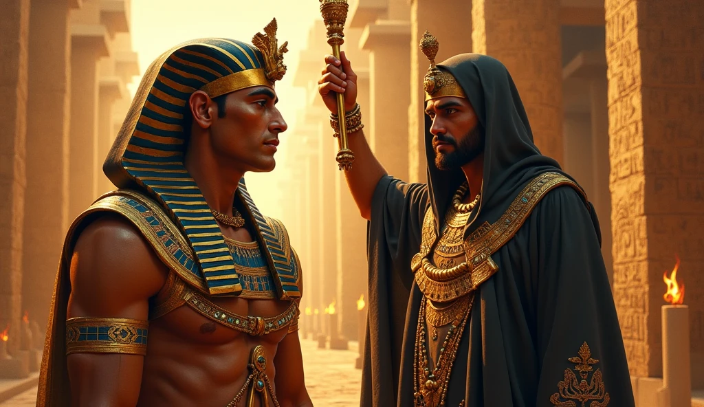oil painting, Egyptian Pharaoh in the foreground and an Egyptian priest behind him, wearing a dark robe with ornaments and an Egyptian scepter covering his head, with a serious expression.
