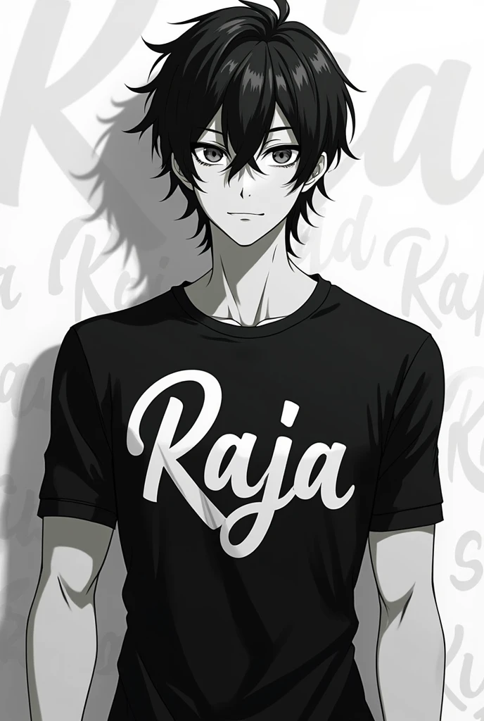 Create a cool black and white-themed profile picture of a stylish young  anime man named Raja. He has medium hair, and is wearing a shirt with branded text or logos. The shirt has a simple print design on it. The overall vibe should be trendy, bold, and suitable for a modern Instagram profile picture.  Use raja word in background good looking body personality 