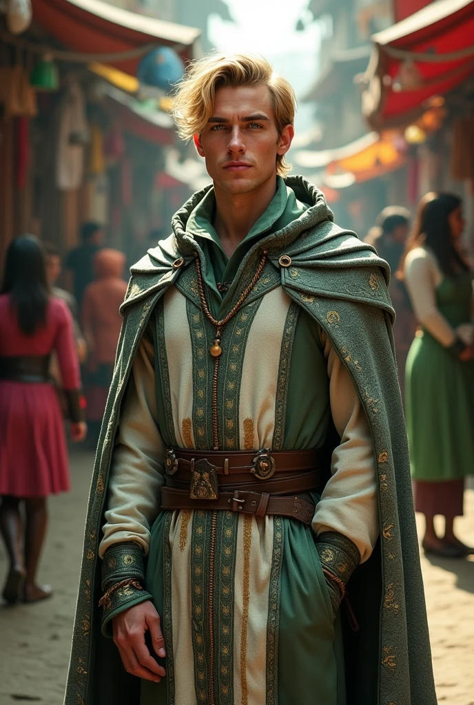 A male smuggler wearing a grey white green decorated robe and an elegant cape. He has green eyes and a friendly demeanor, and he has a blond middle part hairstyle.