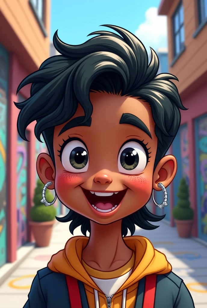 Imagine in cartoon style a young ager with chubby cheeks, dark skin, completely black hair and not very long with a mullet cut and with piercings in his ears.