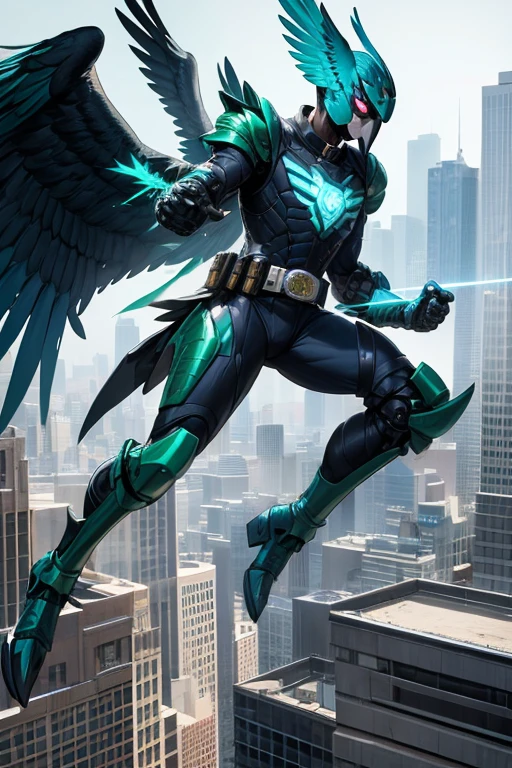 ((best quality)), ((masterpiece)), (detailed), 1 male, full body, 25 years old, masked, blue head, uncovered mouth, blue biker helmet, parrot helmet, black collar, tall, thin, black details, a green parrot with a blue head on his side, metallic wings, wings on his suit, blue fingerless gloves, blue wrist guards, luminous blue wings that shoot lasers, blue suit resembling light armor, blue suit with an emblem, completely green chest, emblem on his chest, green pants, deployable bird tail, metallic feathers, gray knee pads, metallic gray boots, metallic bird claws, black superhero belt, flying through the city, midday city background, anime