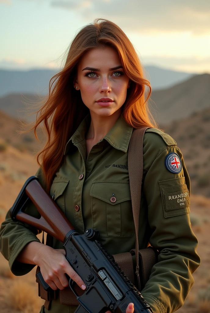 Character design, full-length portrait, stands, woman with blue eyes and dark red hair, Silver hoop earrings, Hairstyle with a pigtail, in a green camouflage suit with a jacket and trousers and combat boots, with a sniper rifle in his hands, cigarette in your mouth, smirking, Mountain peaks, the night, science-fiction, postapocalypse, Military, believable portrait, Art, higly detailed