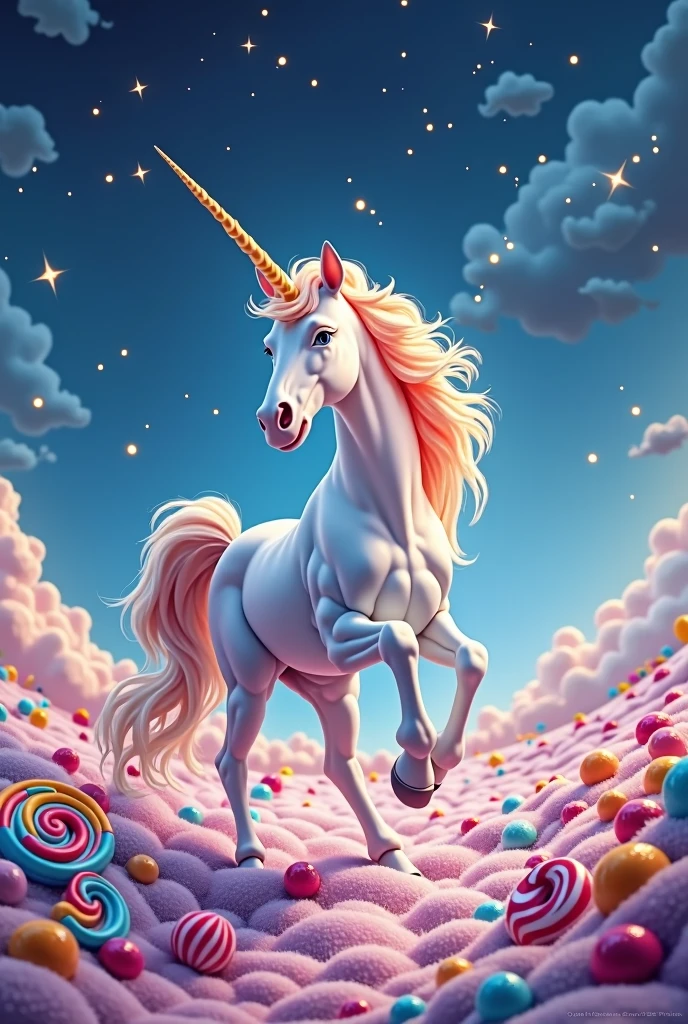 einhorn, rainbow, shooting stars, stars, Süßigkeitenland, Lollies, various candies, Candy floor
