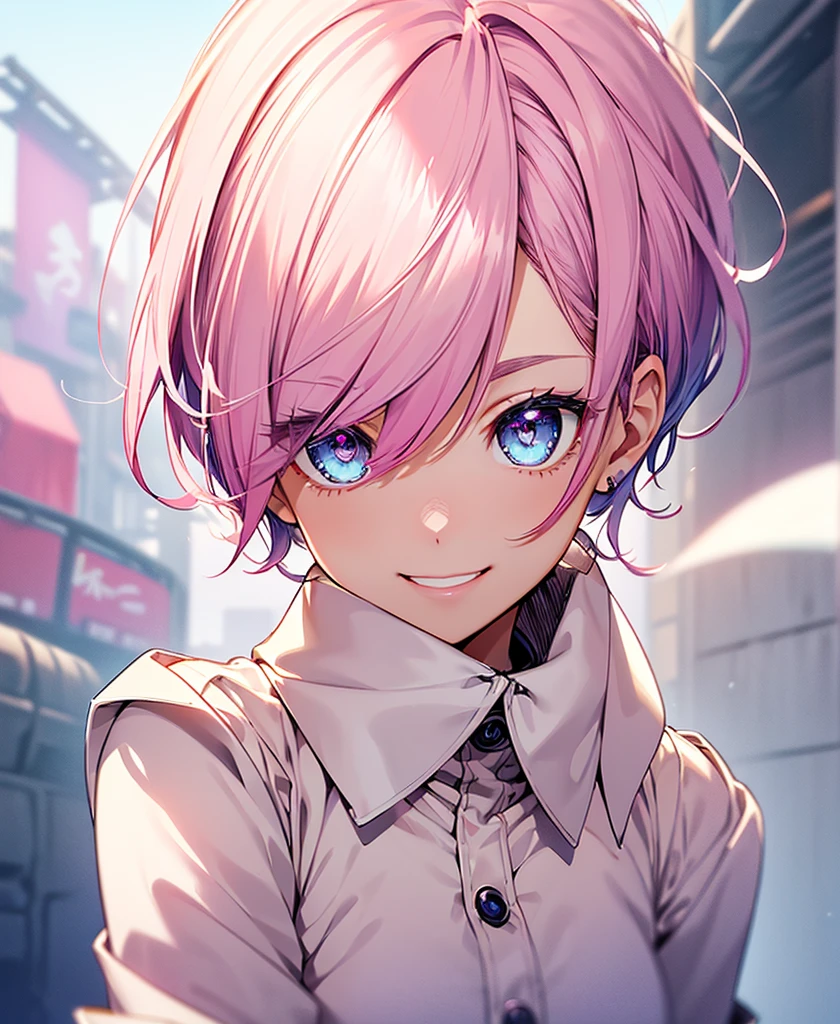 Realistic、One person、fluorescence Pink Hair、blue eyes、(Eye focus:1.3,Face Focus:1.3,Upper Body:1.5),(Gradient Eye:1.3),(blouse)、smile,Laugh with your mouth wide open,(Happy:1.3),short hair、Cute Face,Portraiture,