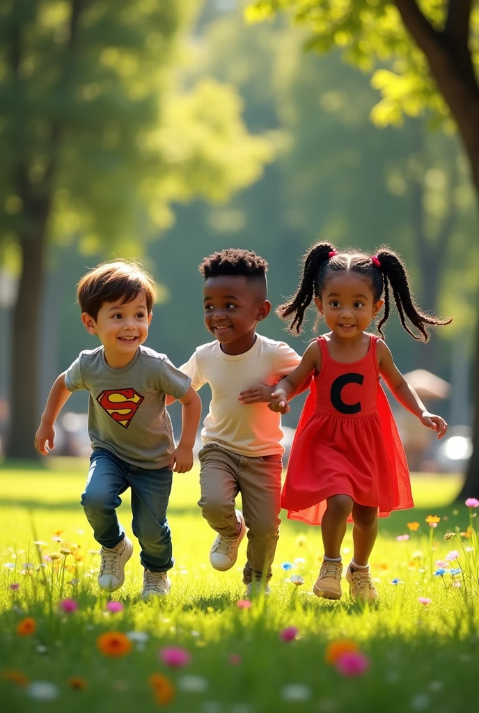 Three children playing
A boy with short brown hair and white skin
A dark-skinned boy with curly black hair and the bottom part shaved.
A girl with black hair and two braids wearing a red dress with the letter C on the chest