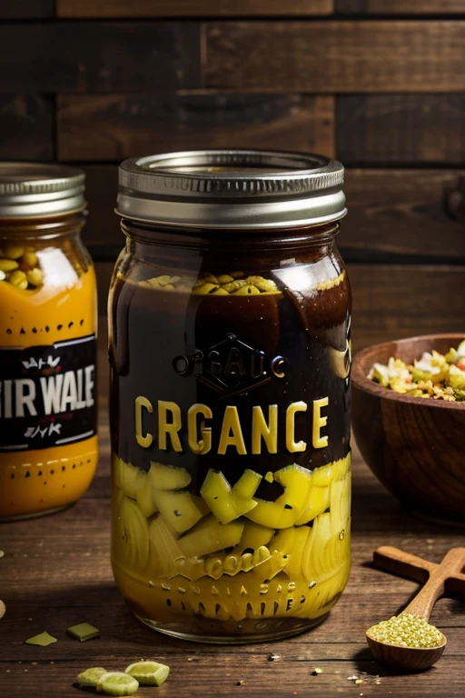 Create a poster for a pickle company named organic pickle in which a jar is placed with the cap open and ingredients are falling into the jar with drama . Make the theme dark wooden black with bright vibrant warm colours