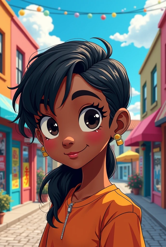 Imagine in cartoon style an 18-year-old ager with chubby cheeks, dark skin, completely black hair and not very long with a mullet cut and with piercings in the ears.