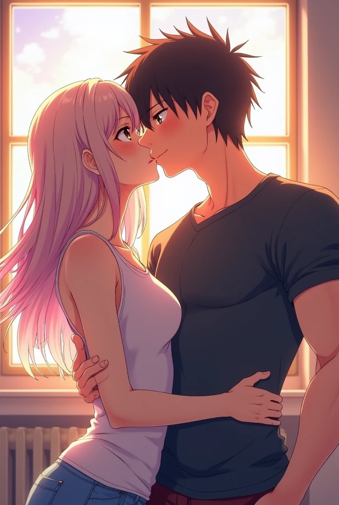 Create an anime  image of a boy and
Girl kissing with lips in a passionate way that to
Girl lifting boy's t-shirt up to his chest in way boy's Gym body appear with background having Window 