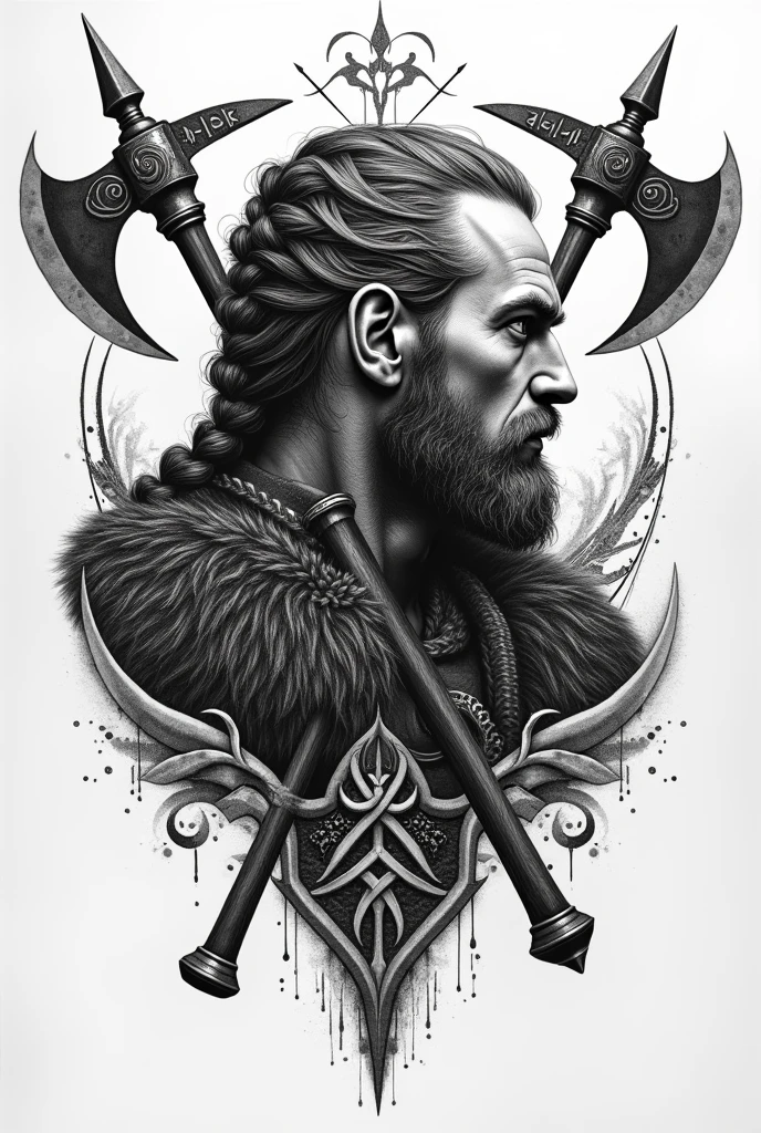 Create a black and white pointillism tattoo of a Viking with a raven flying over swords and runes