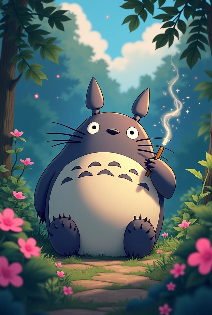 Totoro smoking a blunt with pink details around 