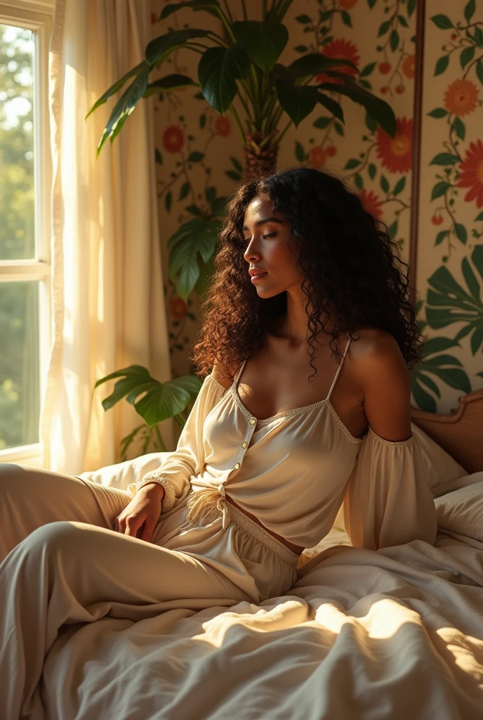 (photorealism:1.2), beautiful woman, sitting on bed, wearing loose off-shoulder top, pajama pants, long curly hair, indoors, soft lighting, plants in background, window with sunlight, cozy room, relaxed pose, realistic, intricate details, warm colors, by Greg Rutkowski, by Alphonse Mucha