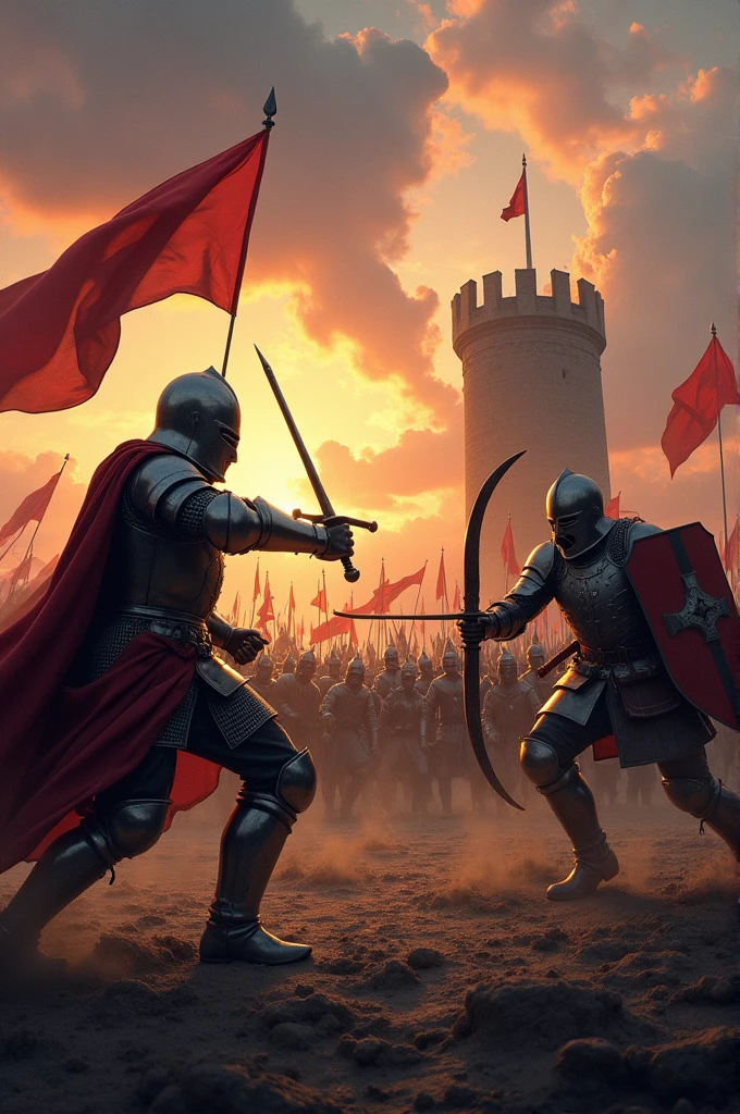 Medieval warriors on a battlefield fighting