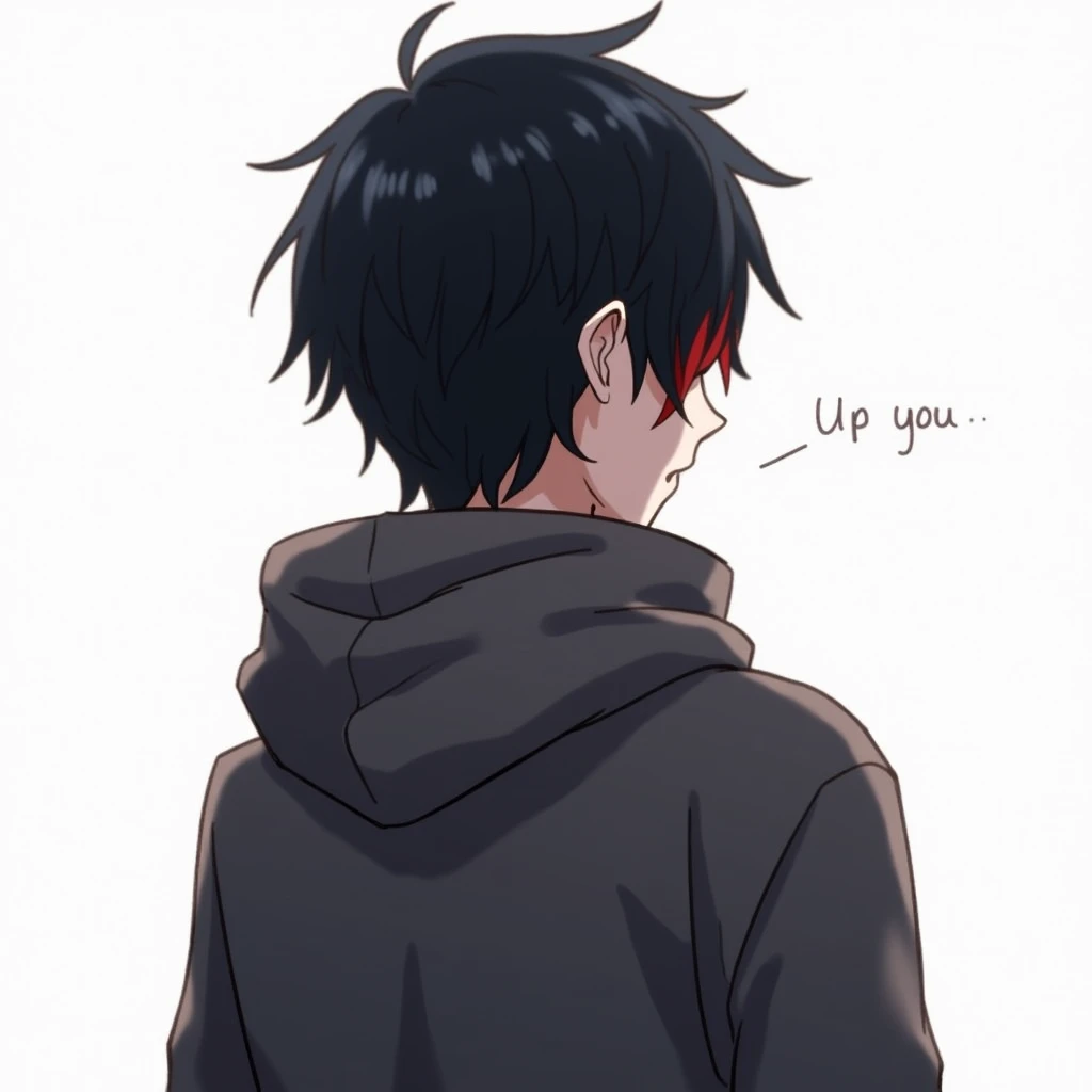 Male, black hair with a bit of red highlights, anime style, wearing a hoodie, facing forward.
 Clothing pattern is up to you. 
