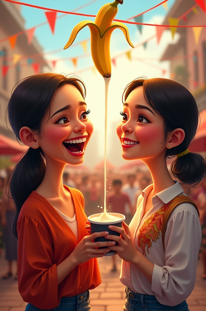 4d caricature. 16k. Details. Two Indonesian women.
standing eating a banana that has been peeled and
cOvered in milk, you can see the milk dripping. The
banana is hung on a rope. The woman's expression
was amused. Several people behind him laughed.
Background to the Republic of Indonesia's birthday
celebration
